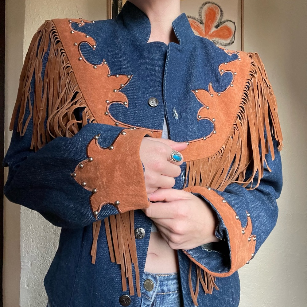 Western Vintage Jacket Denim with Fringe